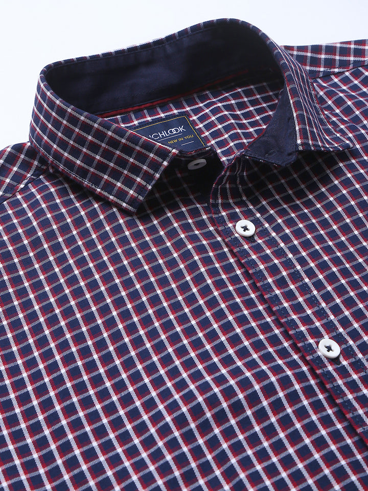 Men Navy Slim Fit Checkered Casual Shirt