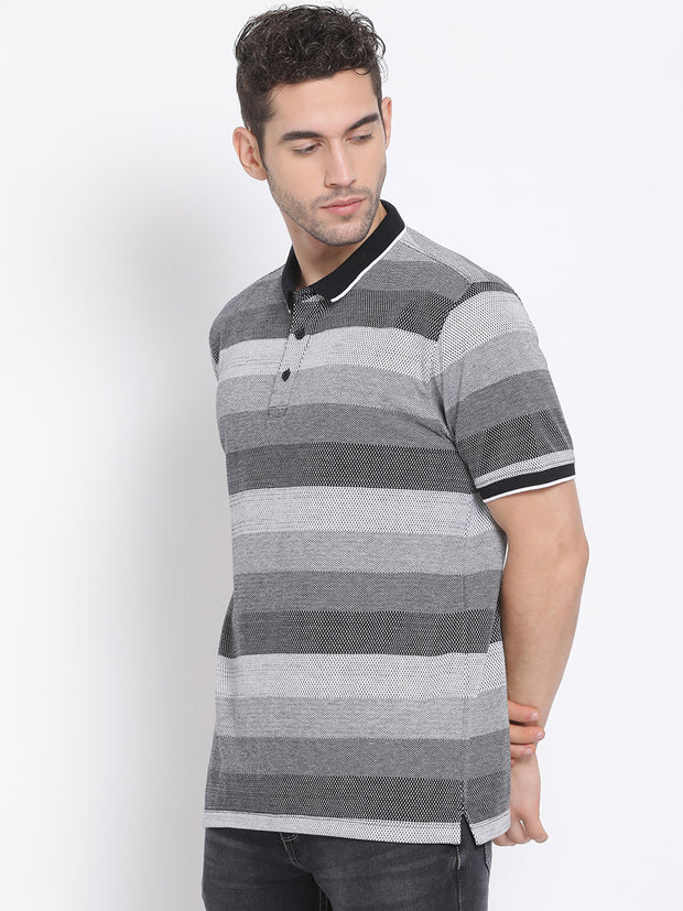 Men Black White Regular Fit Striped Polo Neck T-Shirt