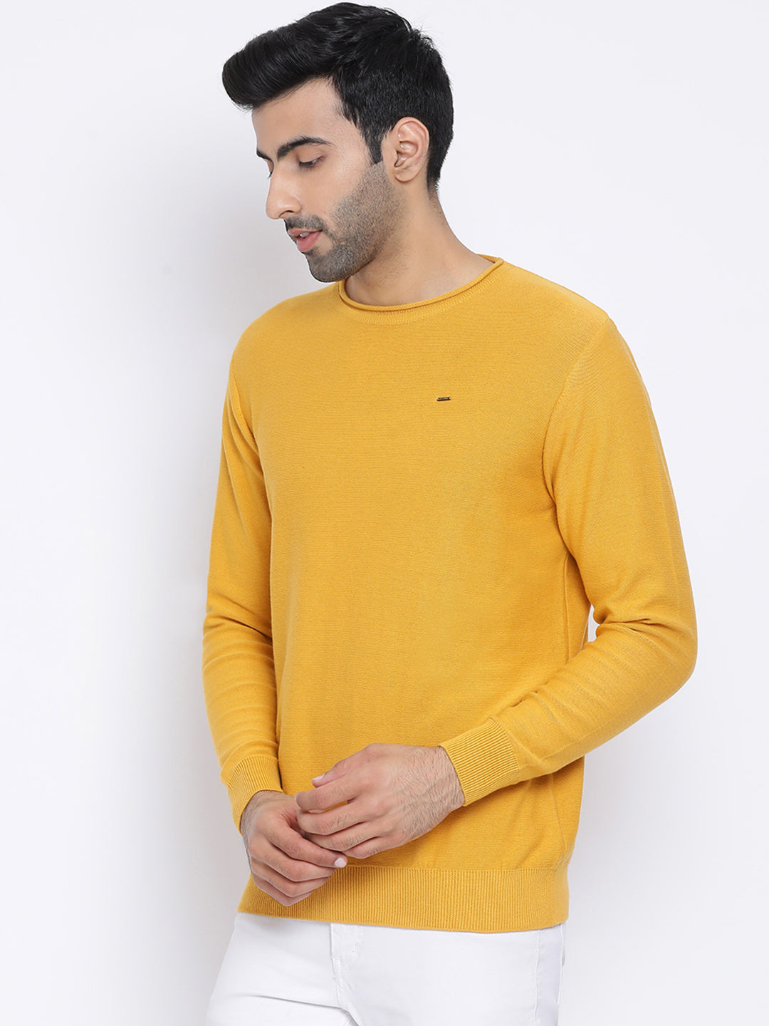 Men Mustard Regular Fit Round Neck Full Sleeve Sweater