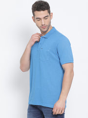 Men Turq Blue Regular Fit Solid Polo Neck T-Shirt