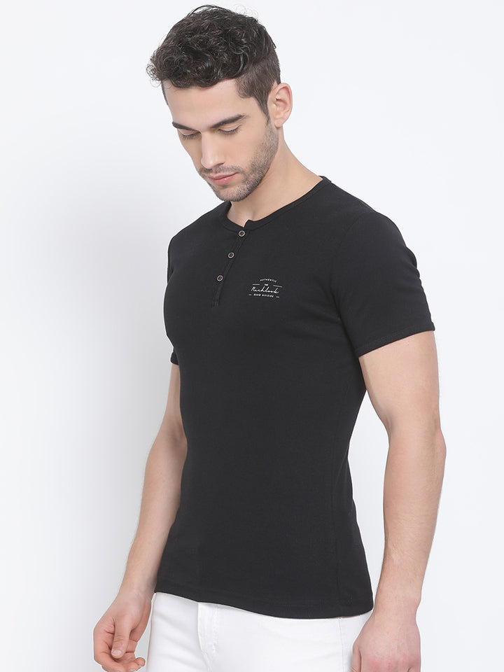 Men Black Regular Fit Solid Henley Neck T-Shirt