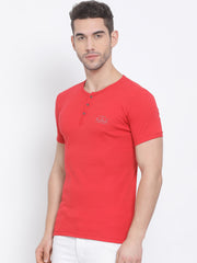 Men Red Regular Fit Solid Henley Neck T-Shirt