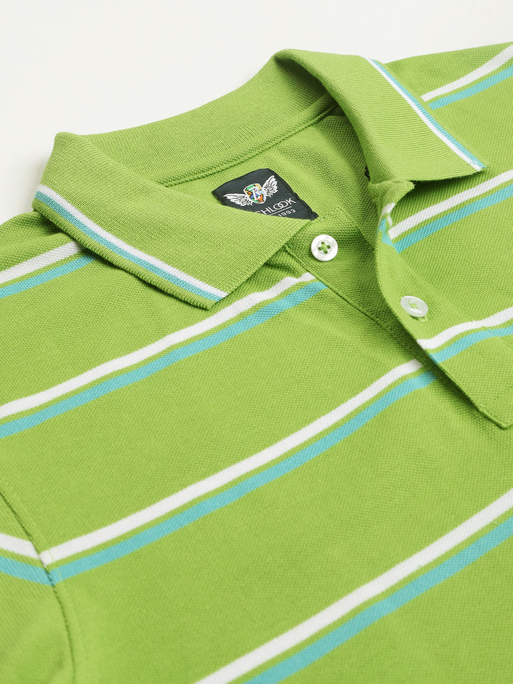 Men Green White Regular Fit Striped Polo Neck T-Shirt