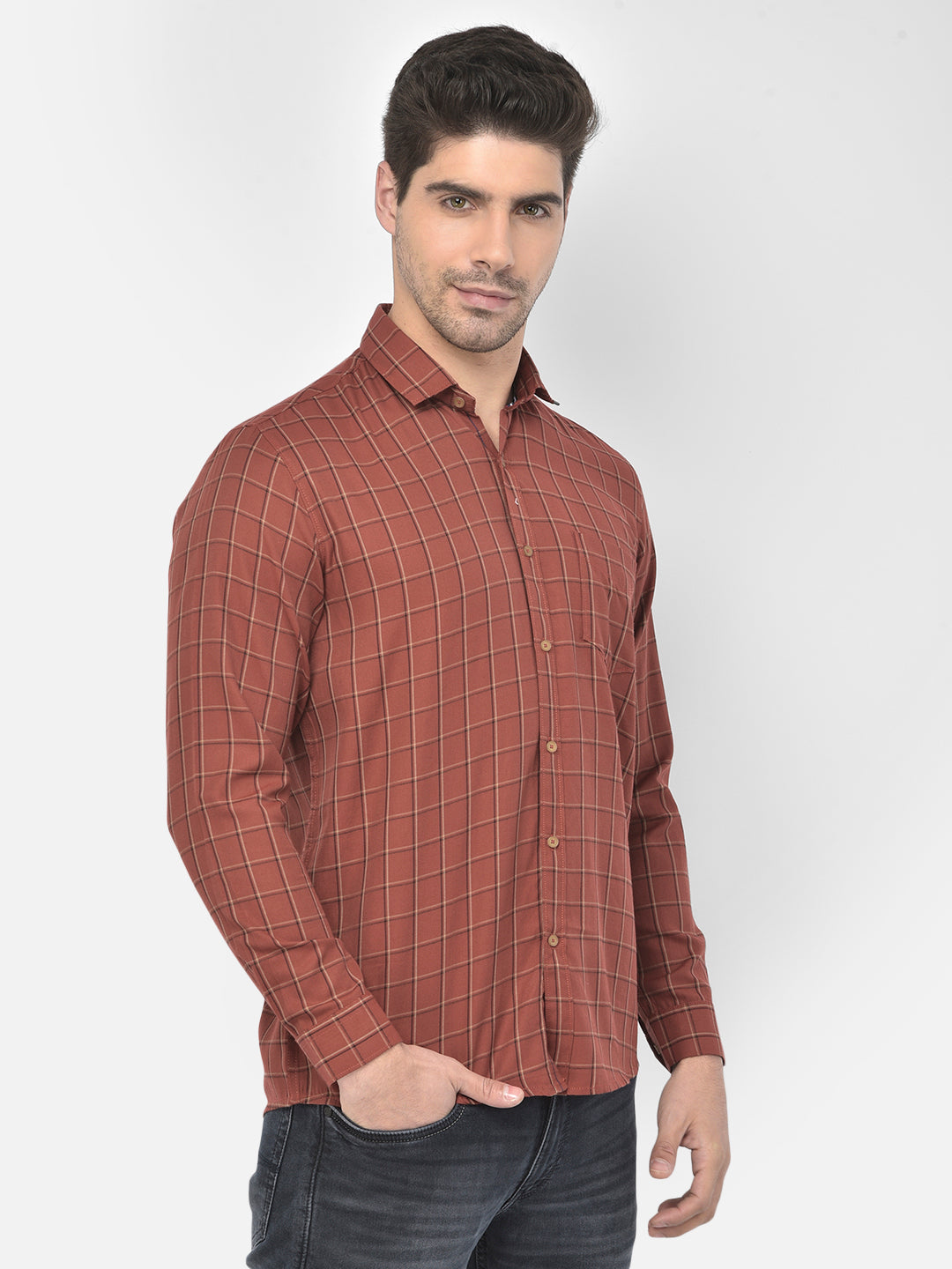 Men Rust Slim Fit Checkered Casual Shirt