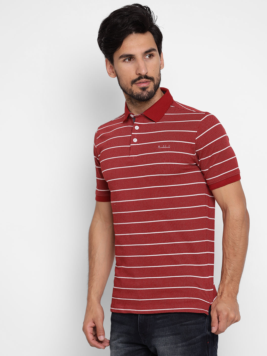 Maroon Regular Fit Striped Polo Neck T-Shirt