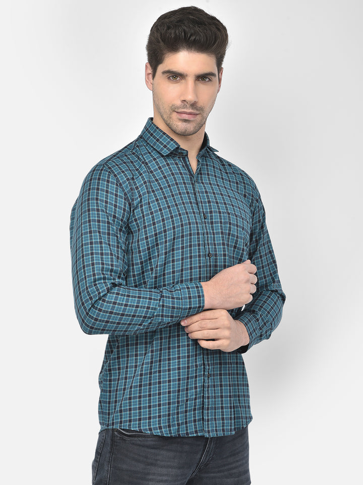 Men Teal Blue Slim Fit Checkered Casual Shirt