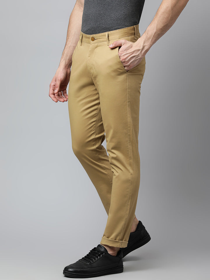 Men Khaki Slim Fit Mid Rise Solid Casual Trouser