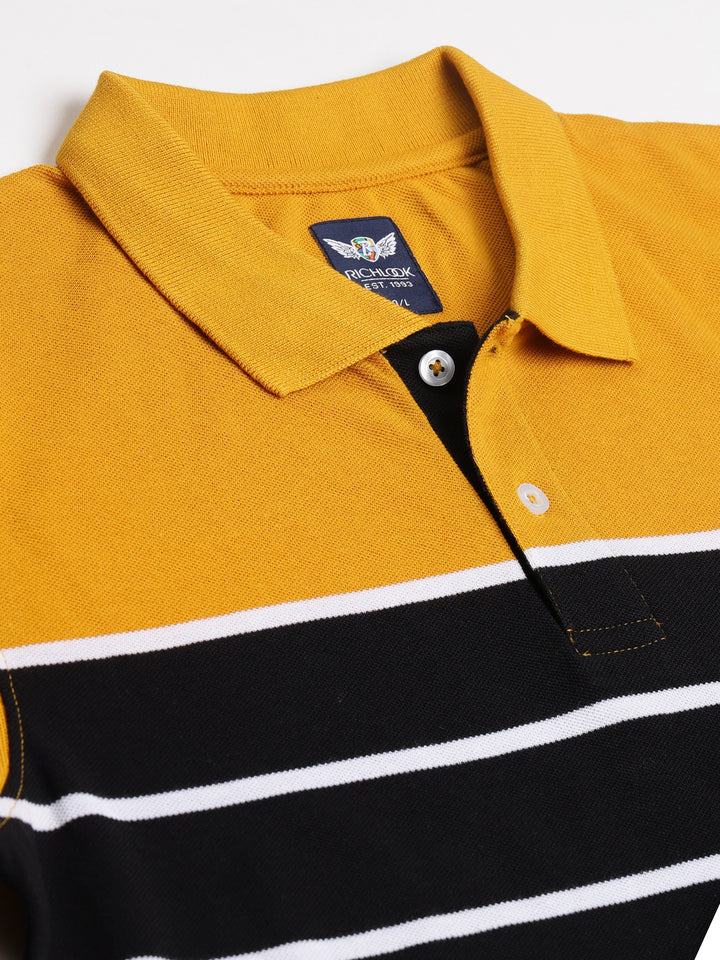 Men Mustard Black Regular Fit Striped Polo Neck T-Shirt