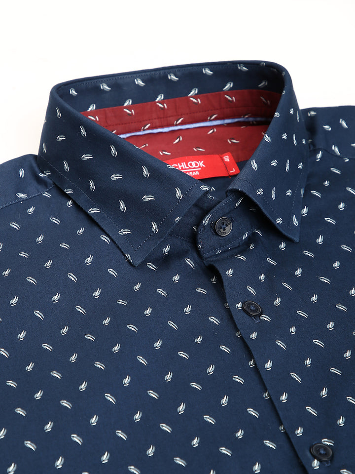 Men Navy Slim Fit Printed Club Wear Shirt