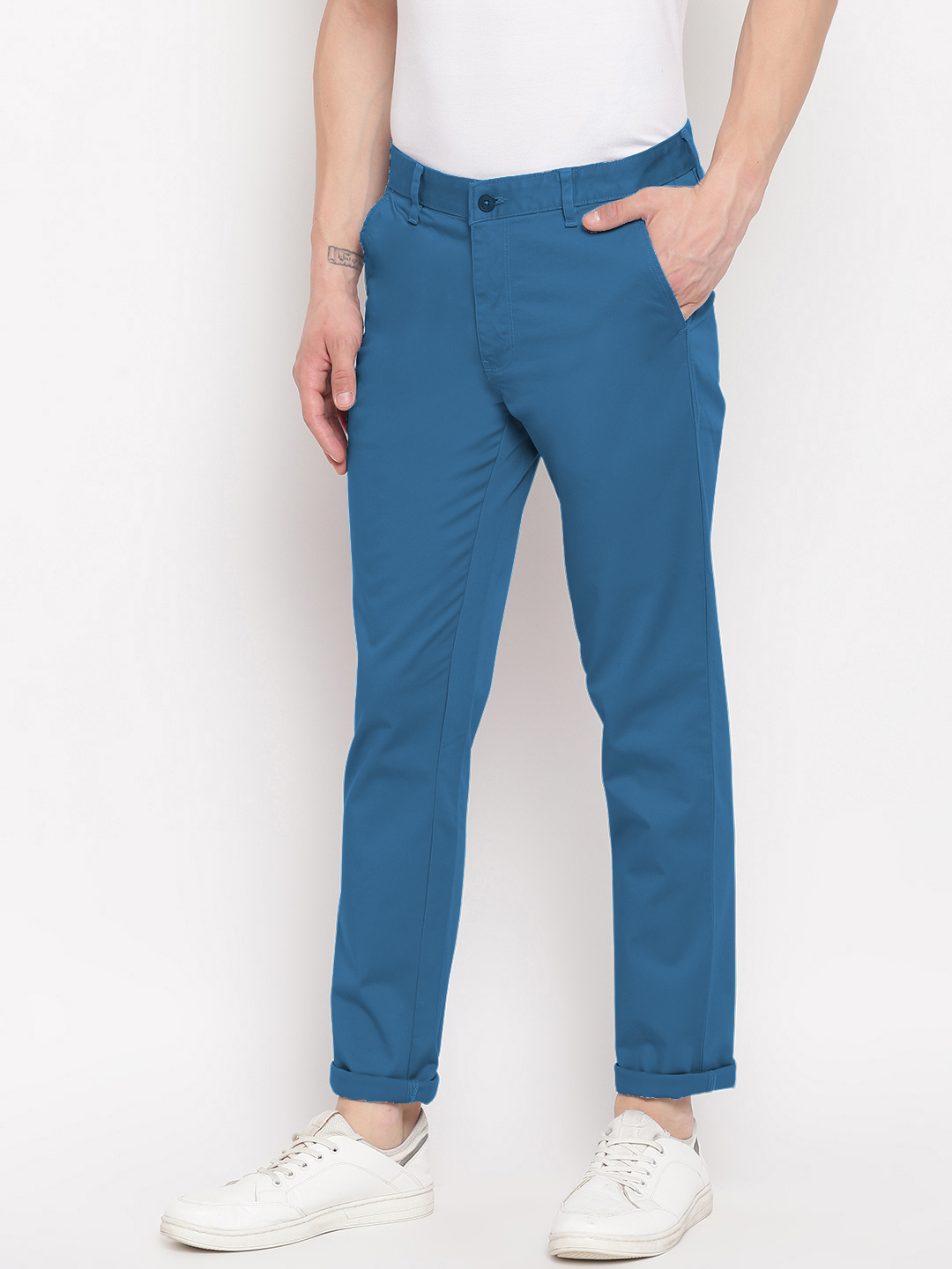 Men Blue Slim Fit Mid Rise Solid Casual Trouser