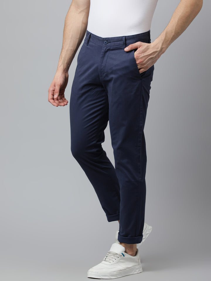 Men Navy Slim Fit Mid Rise Solid Casual Trouser