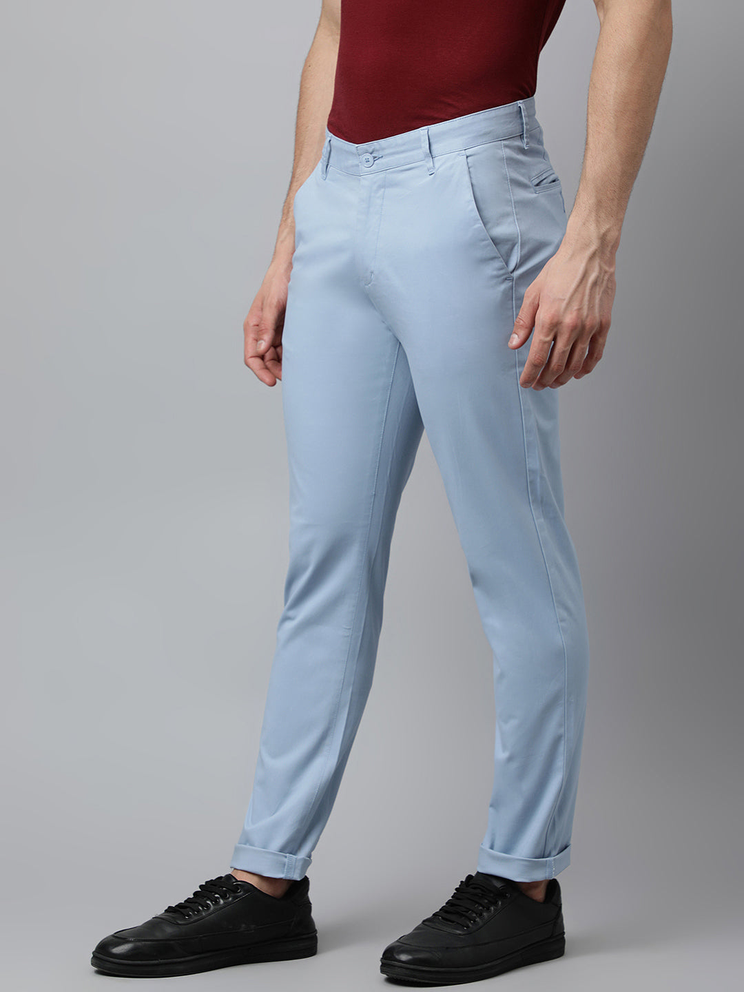 Men Light Blue Slim Fit Mid Rise Solid Casual Trouser