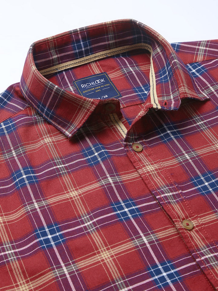 Men Red Slim Fit Checkered Casual Shirt