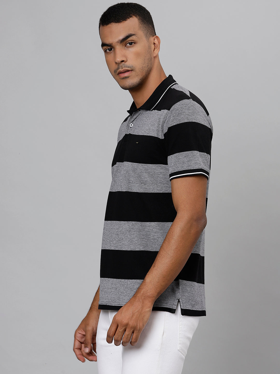 Men Grey Jet Black Regular Fit Striped Polo Neck T-Shirt