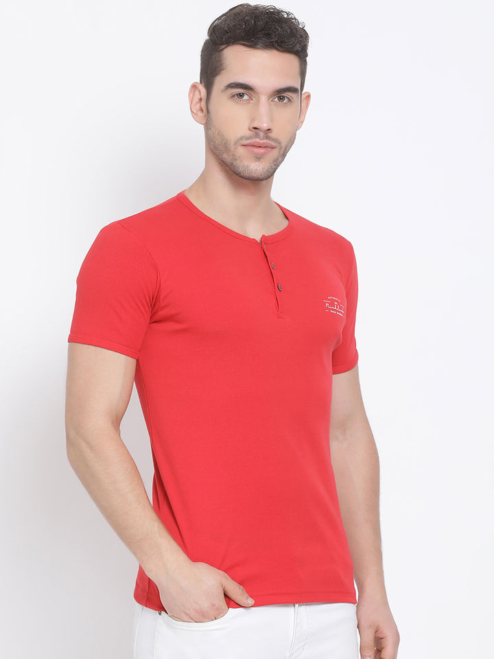 Men Red Regular Fit Solid Henley Neck T-Shirt