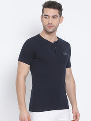 Men Navy Regular Fit Solid Henley Neck T-Shirt