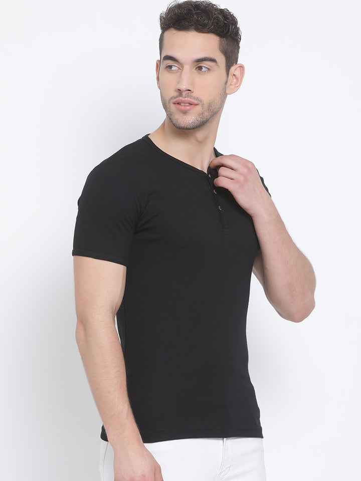 Men Black Regular Fit Solid Henley Neck T-Shirt