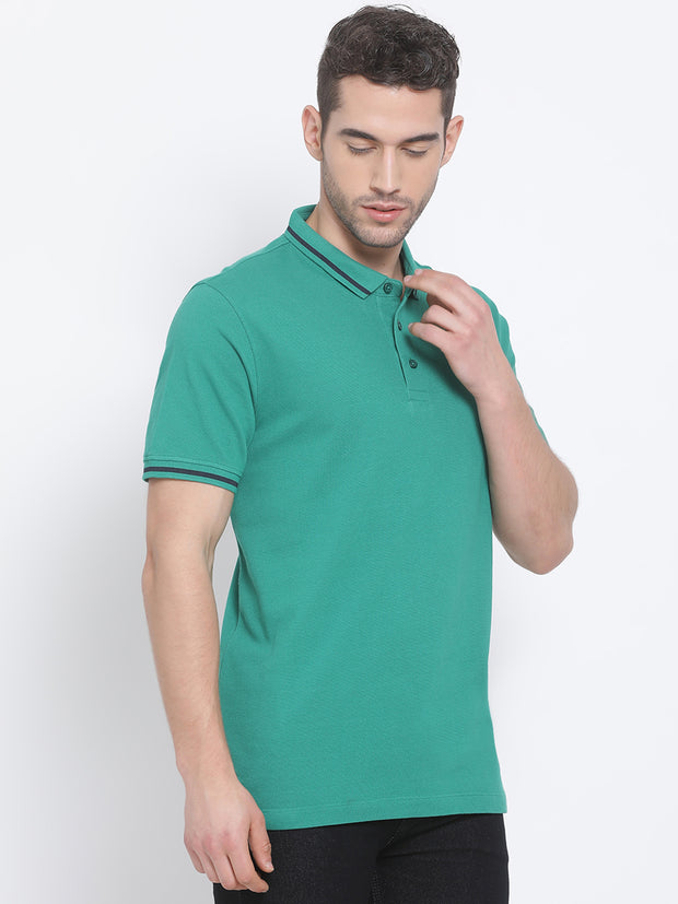 Men Green Regular Fit Solid Polo Neck T-Shirt