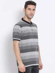 Men Black White Regular Fit Striped Polo Neck T-Shirt