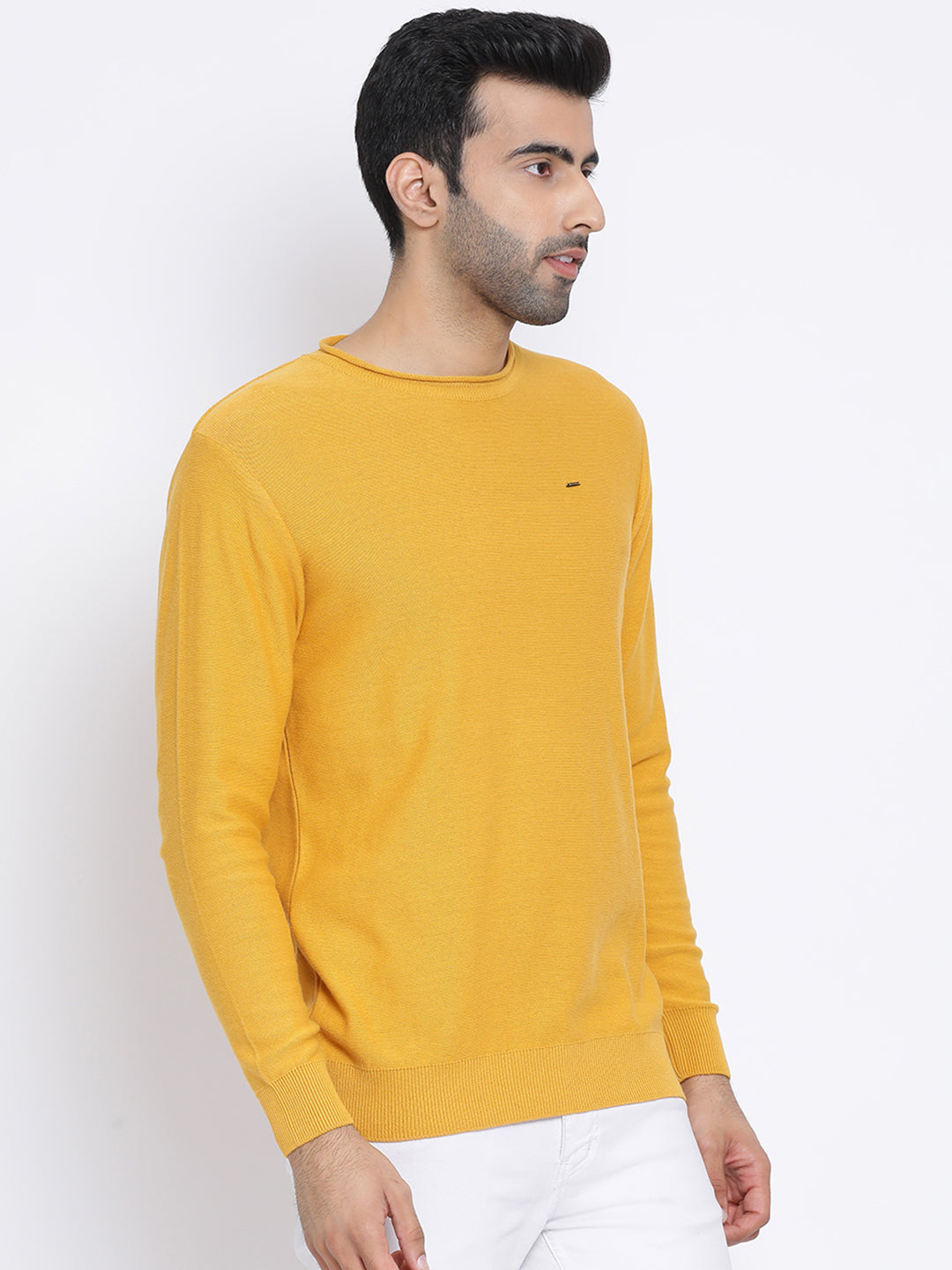 Men Mustard Regular Fit Round Neck Full Sleeve Sweater