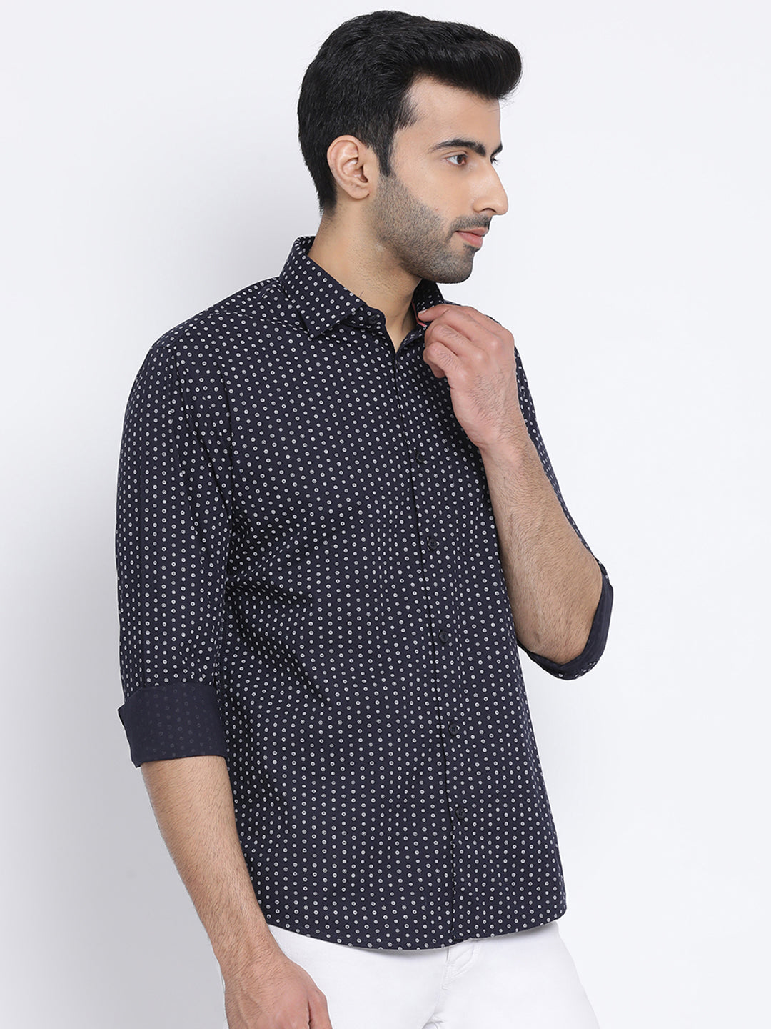 Men Navy Slim Fit Print Club Wear Shirt