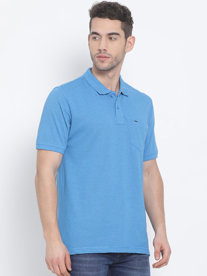 Men Turq Blue Regular Fit Solid Polo Neck T-Shirt