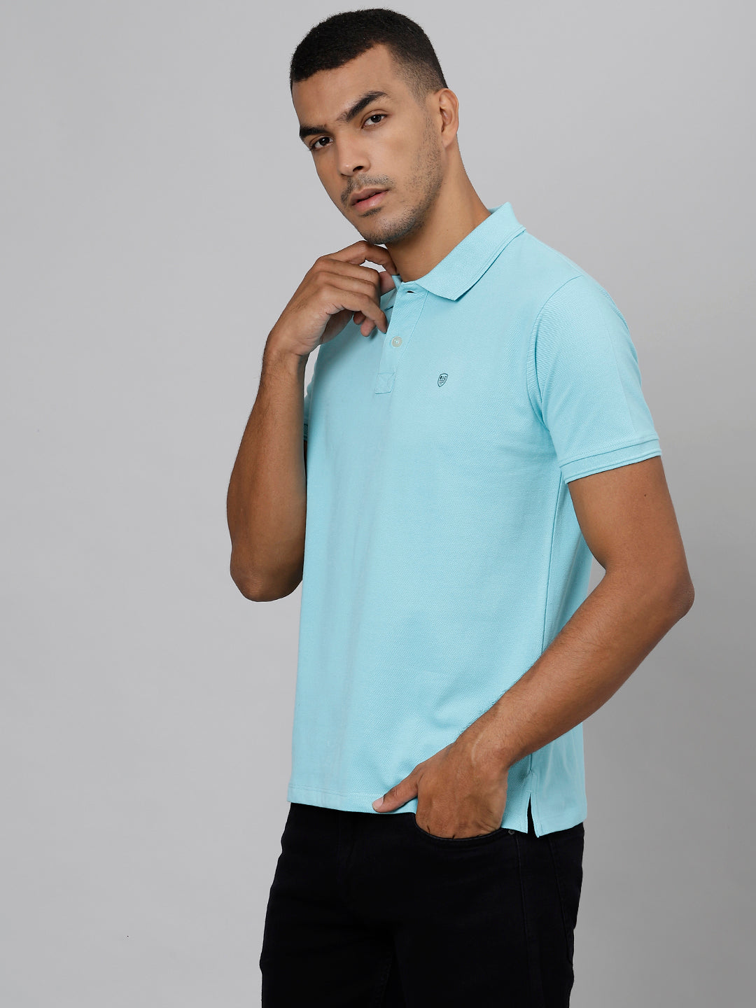 Men Sea Blue Regular Fit Solid Polo Neck T-Shirt