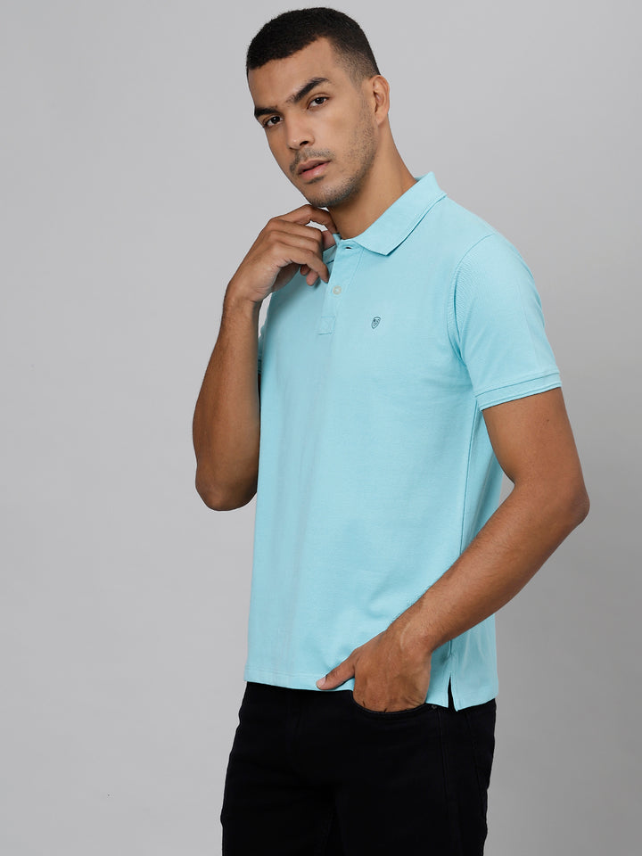 Men Sea Blue Regular Fit Solid Polo Neck T-Shirt