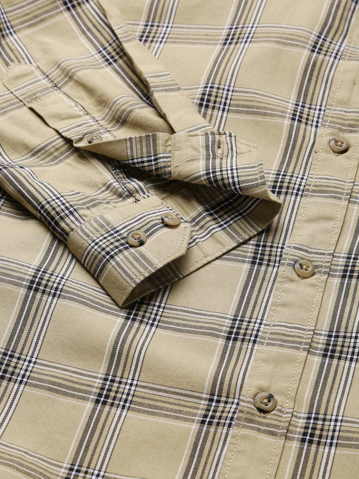 Men Light Khaki  Slim Fit Checkered Casual Shirt