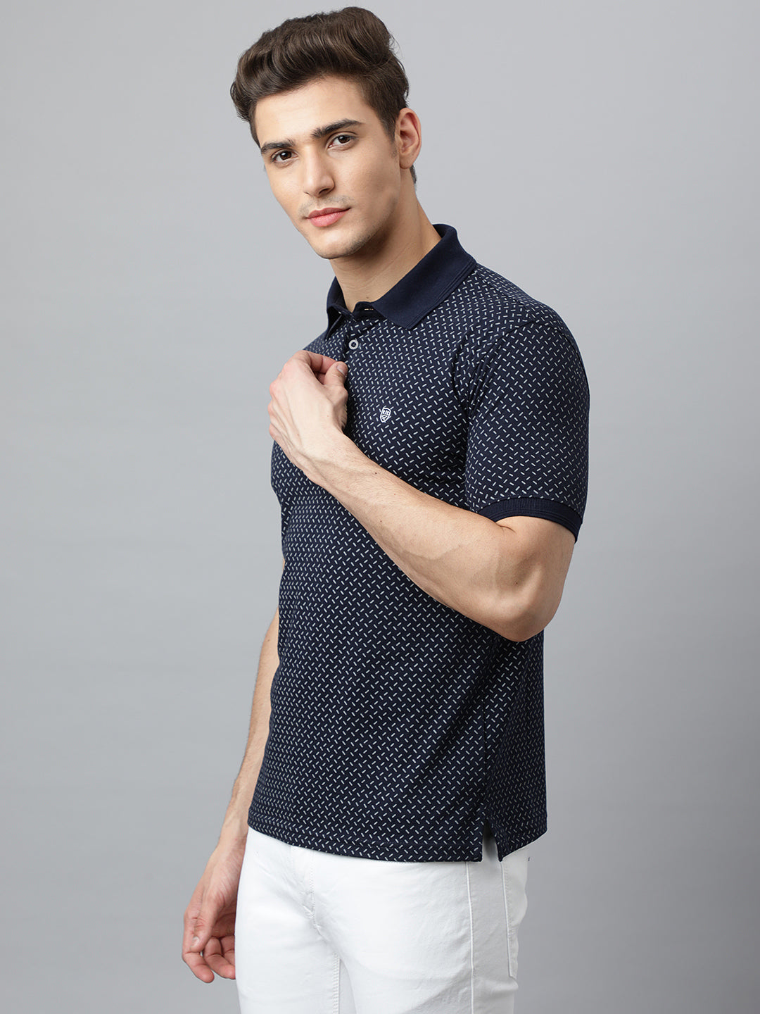 Men Navy Regular Fit Printed Polo Neck T-Shirt