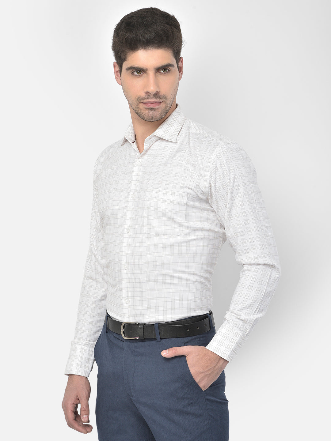 Men White Regular Fit Checkered Formal Shirt