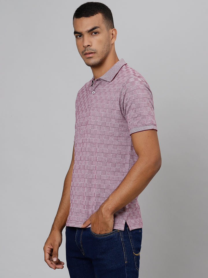 Men Pink Regular Fit Checkered Polo Neck T-Shirt