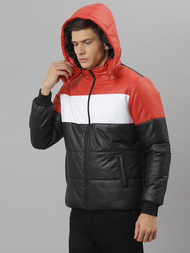 Men Black Regular Fit Puffer Color Blocked Hooded Jacket