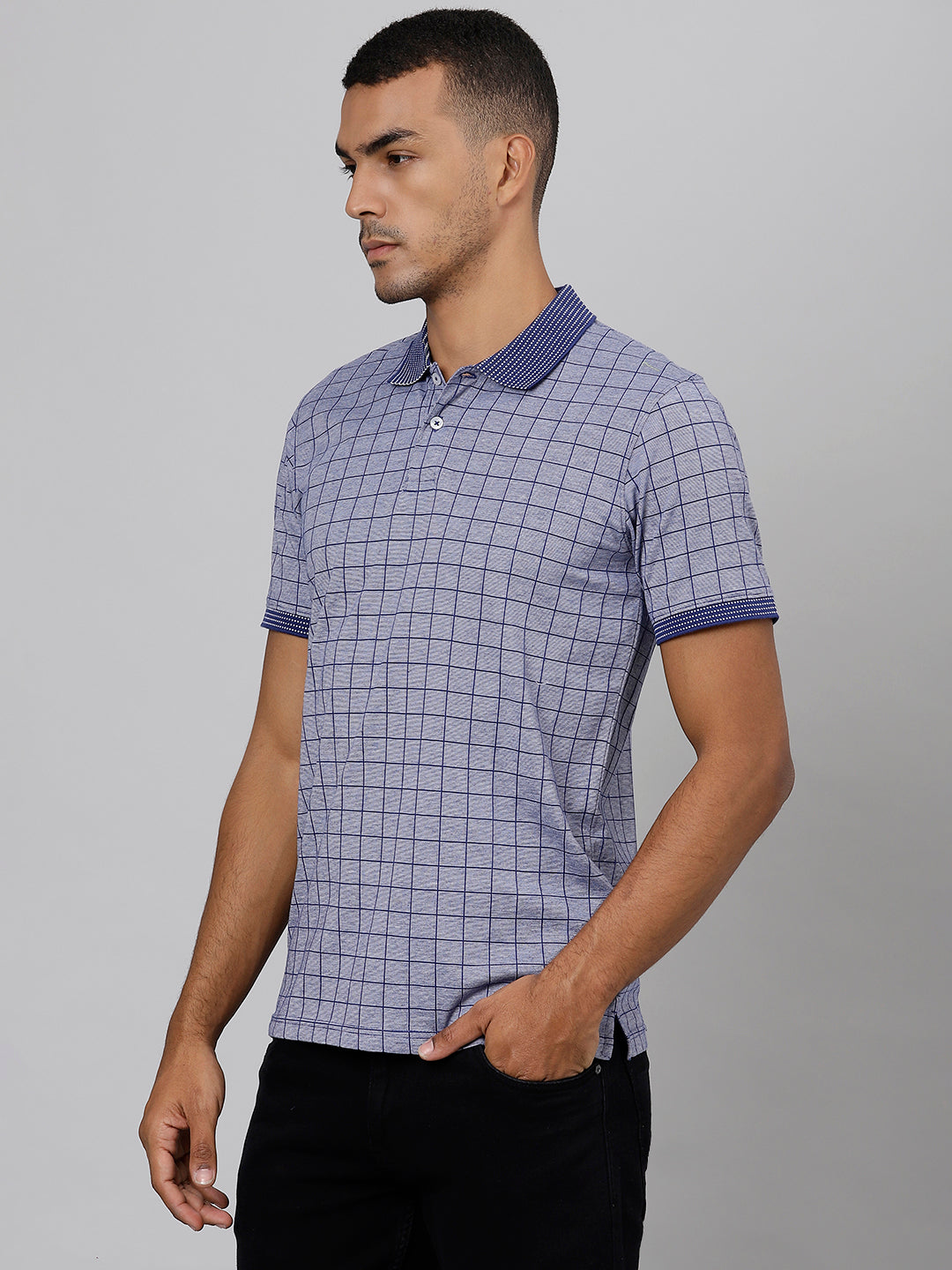 Men Blue Grey Regular Fit Checkered Polo Neck T-Shirt