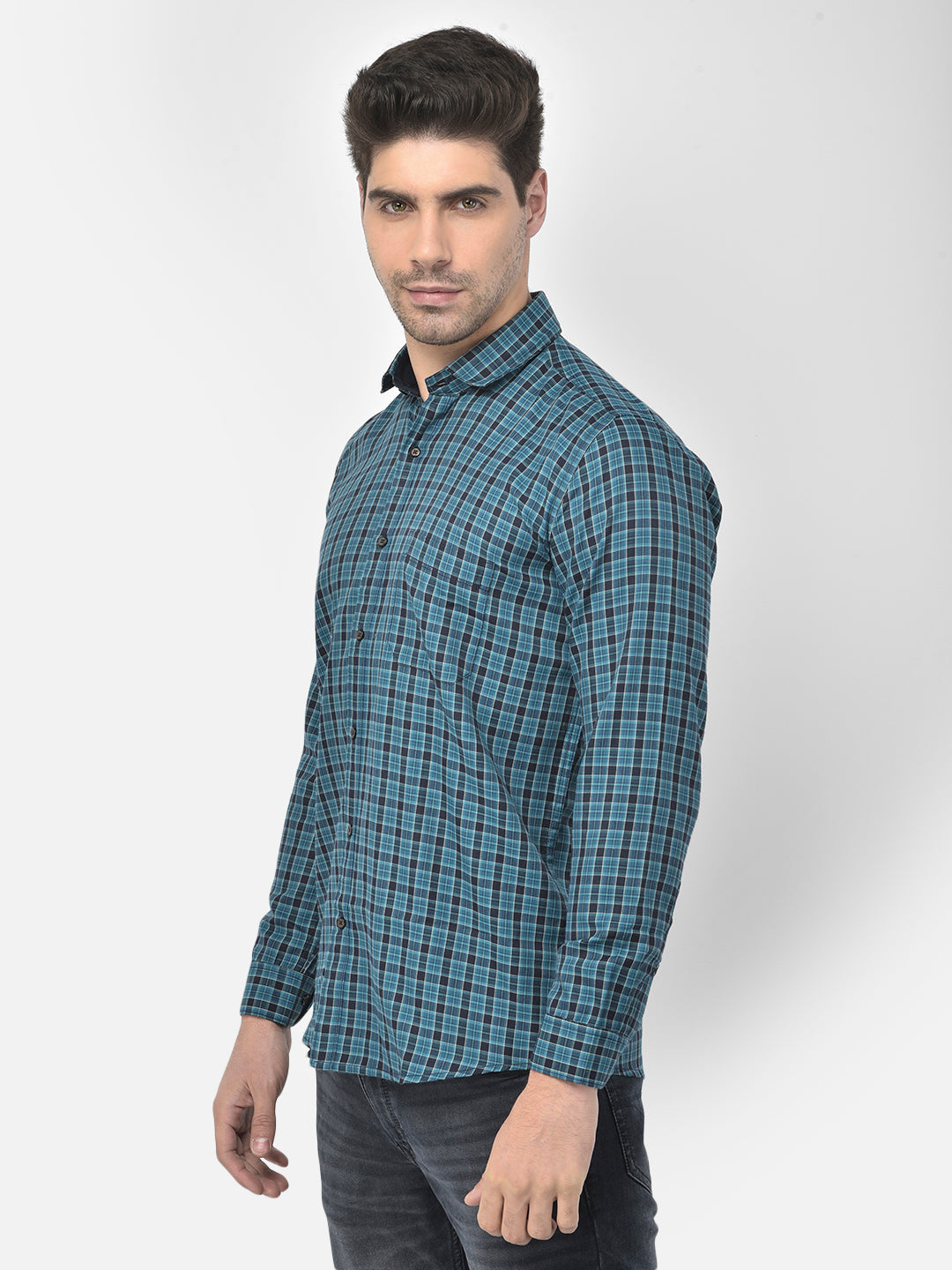 Men Teal Blue Slim Fit Checkered Casual Shirt