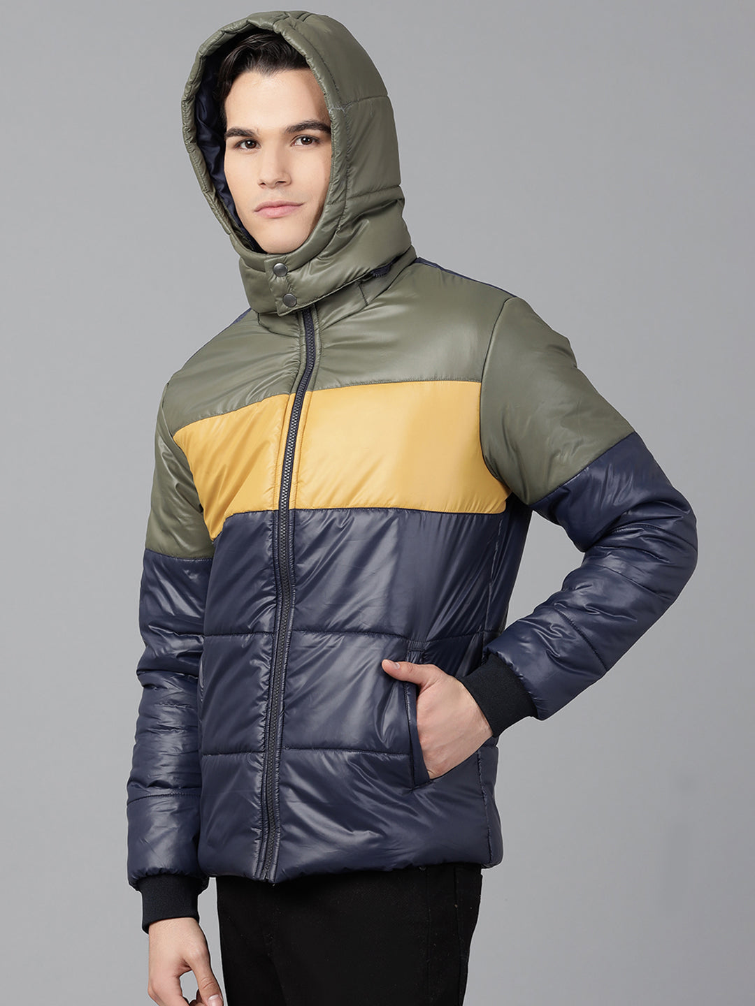 Men Navy Regular Fit Puffer Color Blocked Hooded Jacket