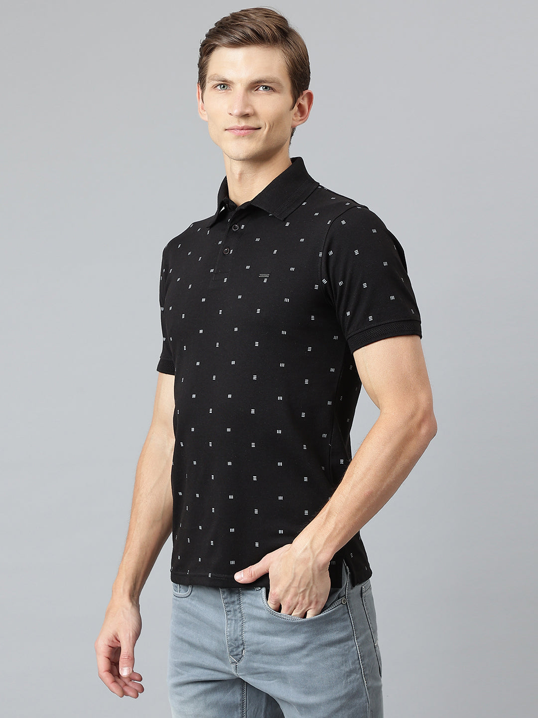 Men Black Regular Fit Printed Polo Neck T-Shirt