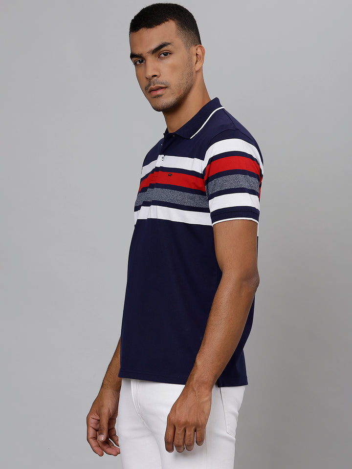 Men Navy Regular Fit Striped Polo Neck T-Shirt