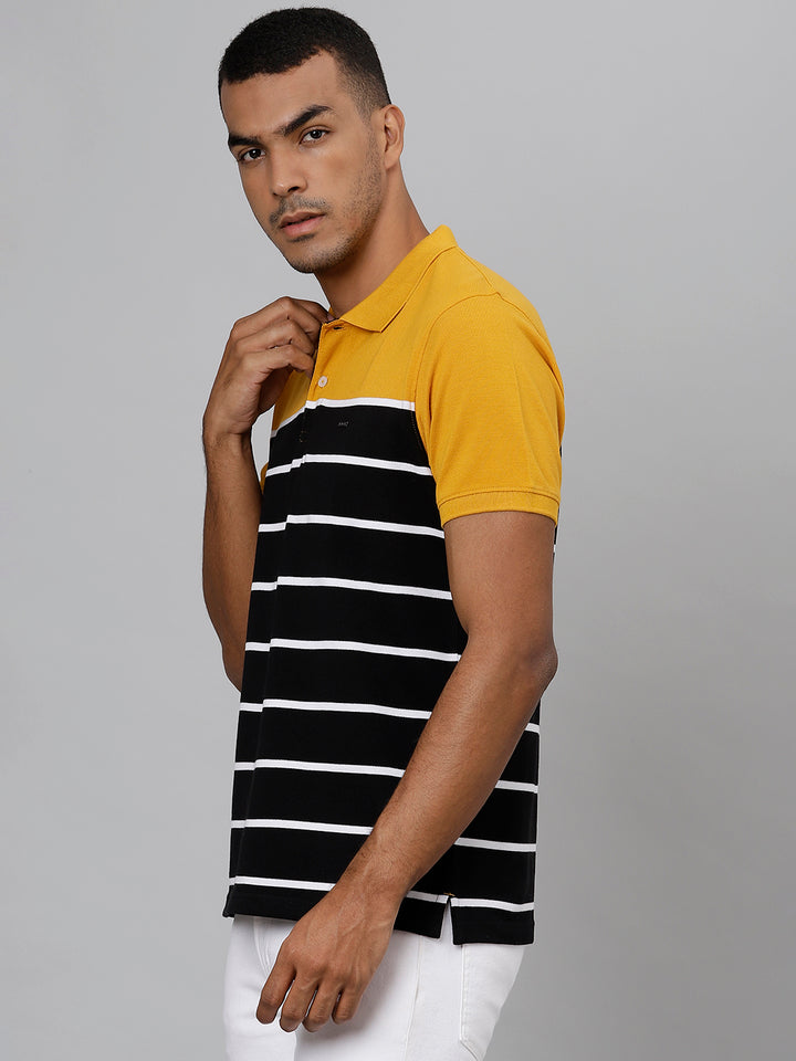 Men Mustard Black Regular Fit Striped Polo Neck T-Shirt