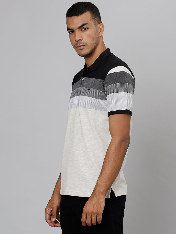 Men Ecru Regular Fit Striped Polo Neck T-Shirt