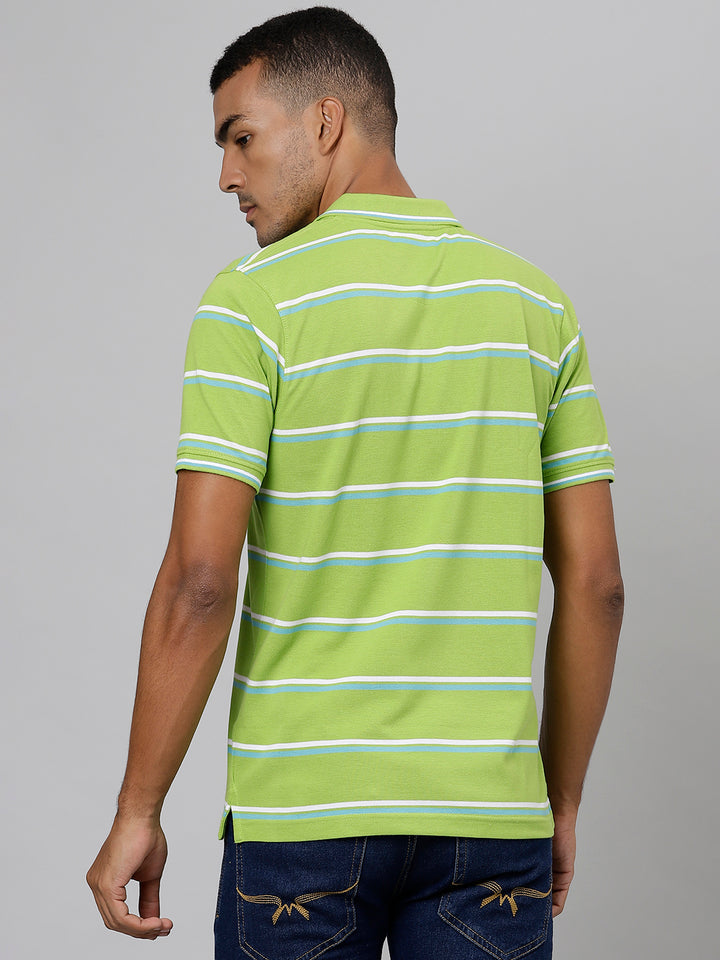 Men Green White Regular Fit Striped Polo Neck T-Shirt