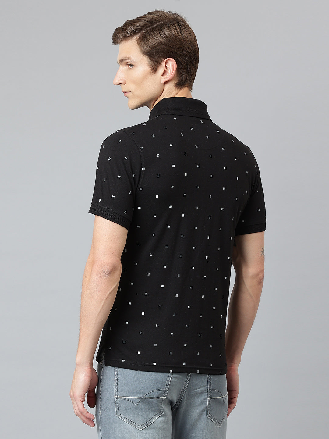 Men Black Regular Fit Printed Polo Neck T-Shirt