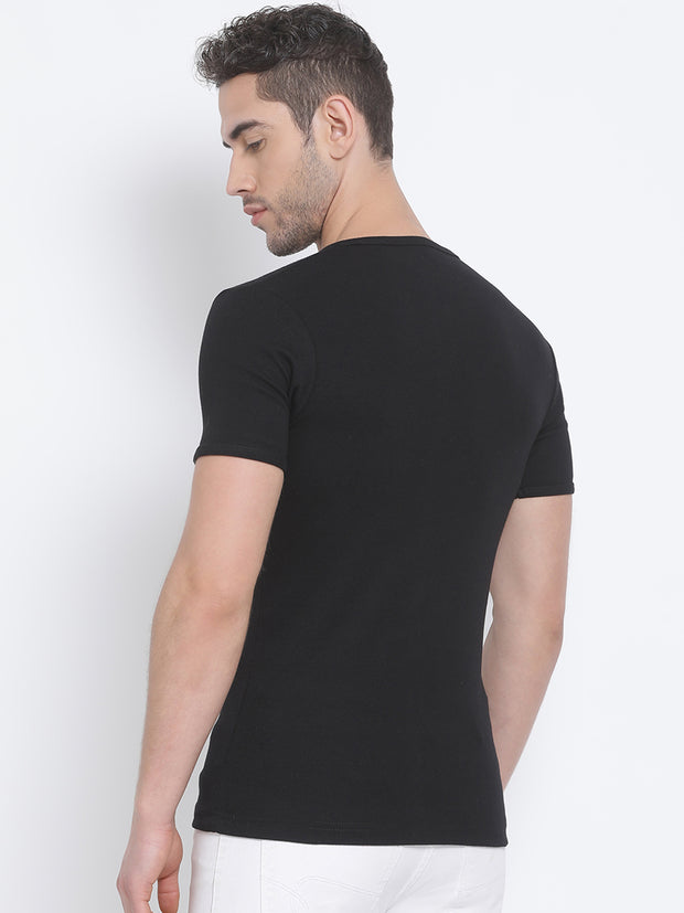 Men Black Regular Fit Solid Henley Neck T-Shirt