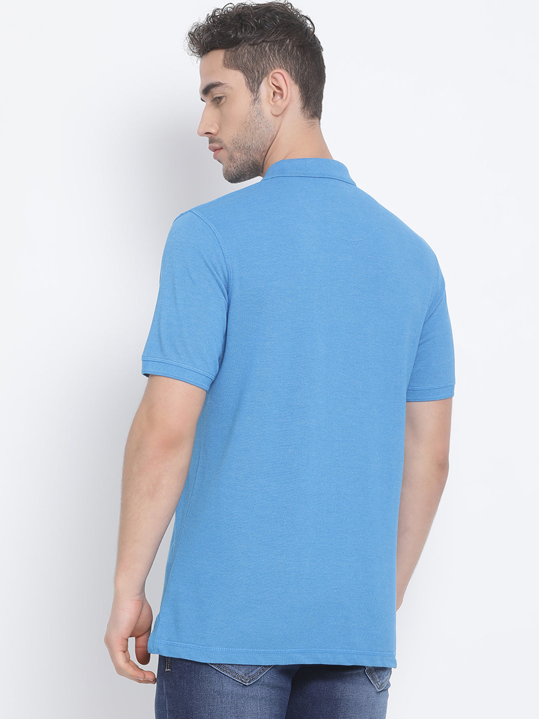 Men Turq Blue Regular Fit Solid Polo Neck T-Shirt