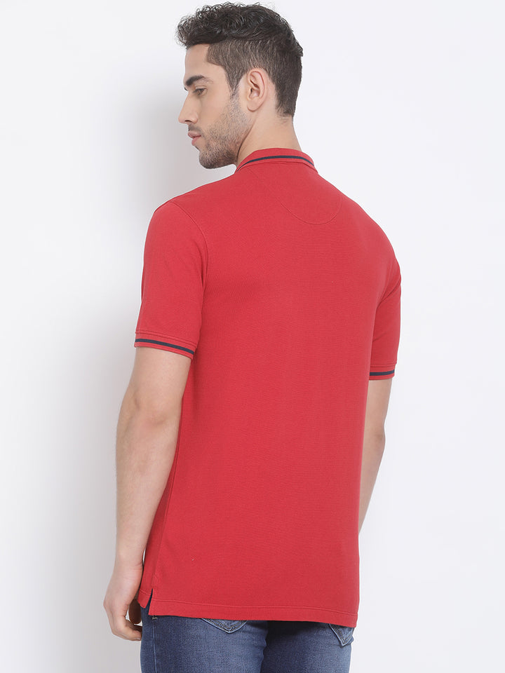 Men Red Regular Fit Solid Polo Neck T-Shirt