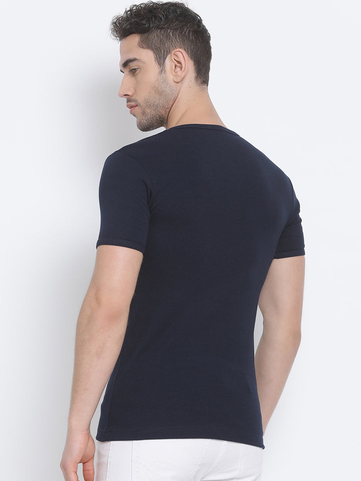 Men Navy Regular Fit Solid Henley Neck T-Shirt