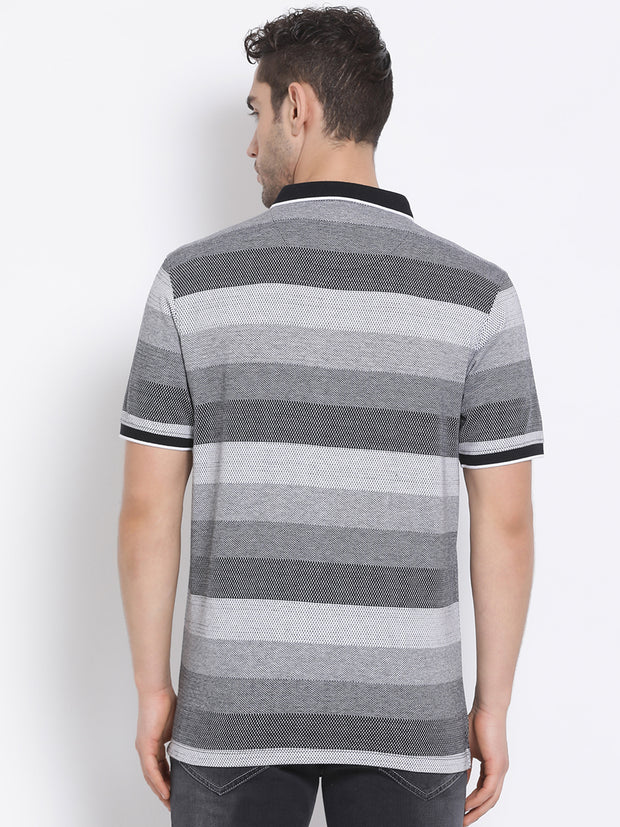 Men Black White Regular Fit Striped Polo Neck T-Shirt