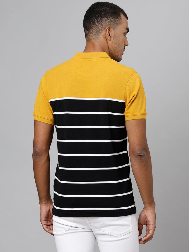 Men Mustard Black Regular Fit Striped Polo Neck T-Shirt