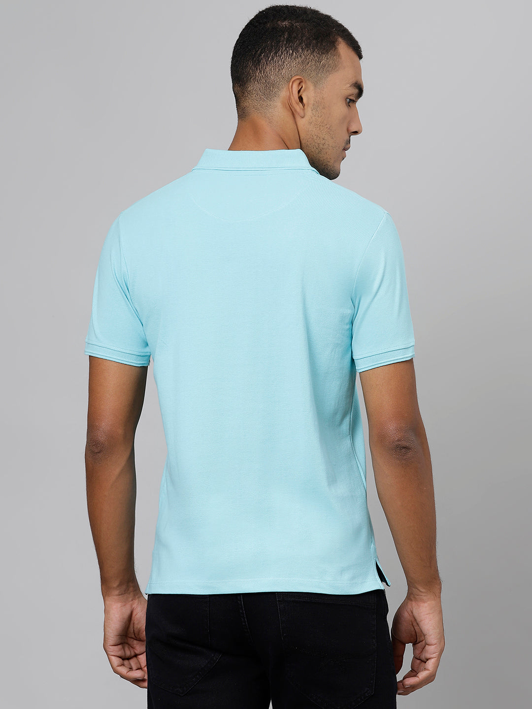 Men Sea Blue Regular Fit Solid Polo Neck T-Shirt