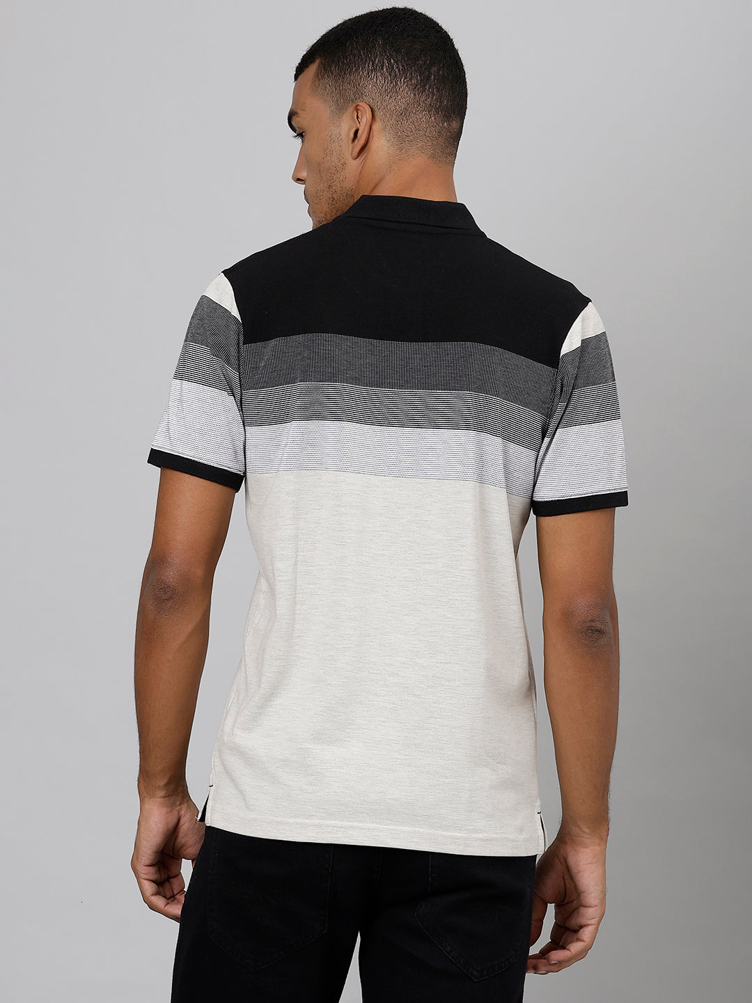 Men Ecru Regular Fit Striped Polo Neck T-Shirt